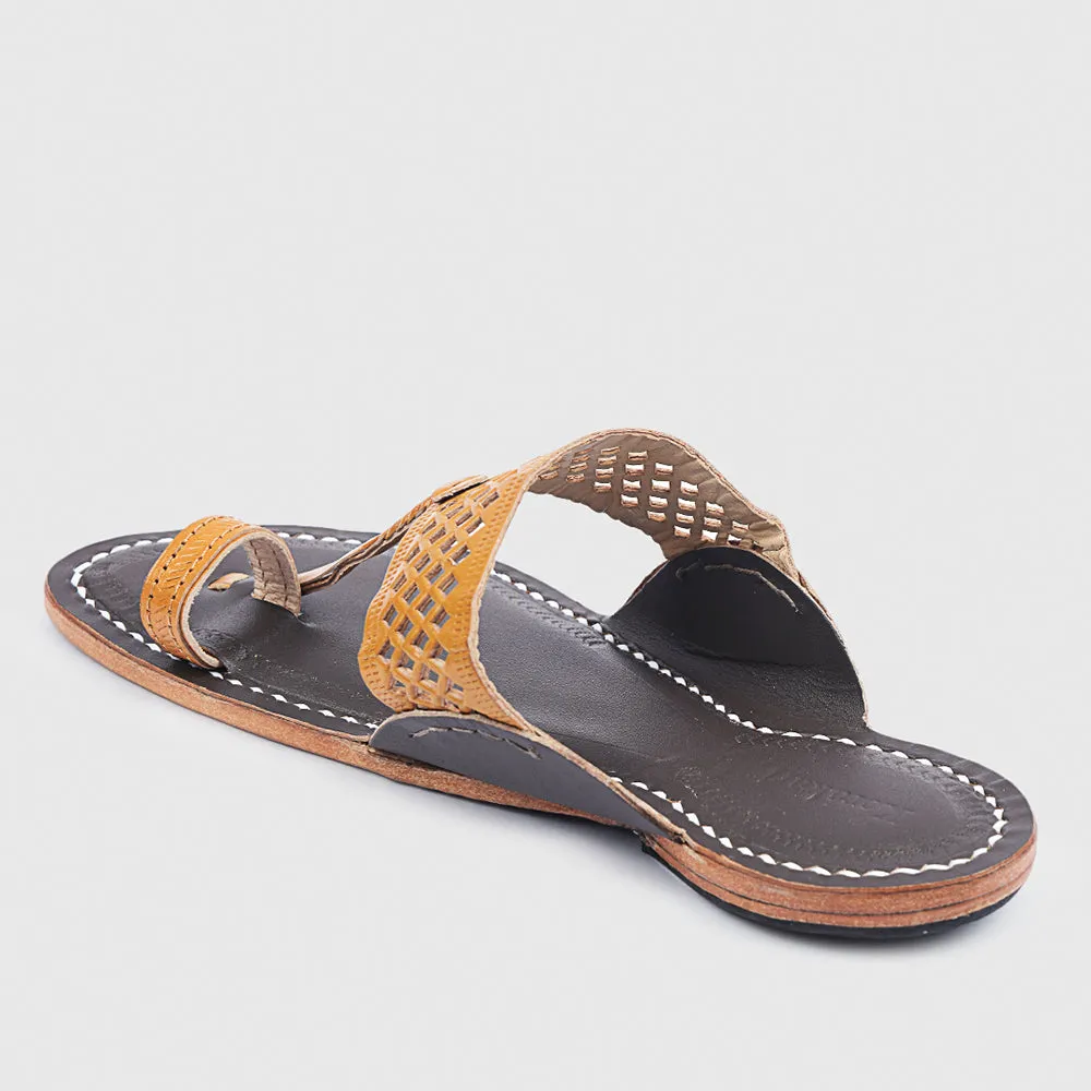 Dark Brown & Yellow Handstitched Leather Kolhapuri Men Slipper